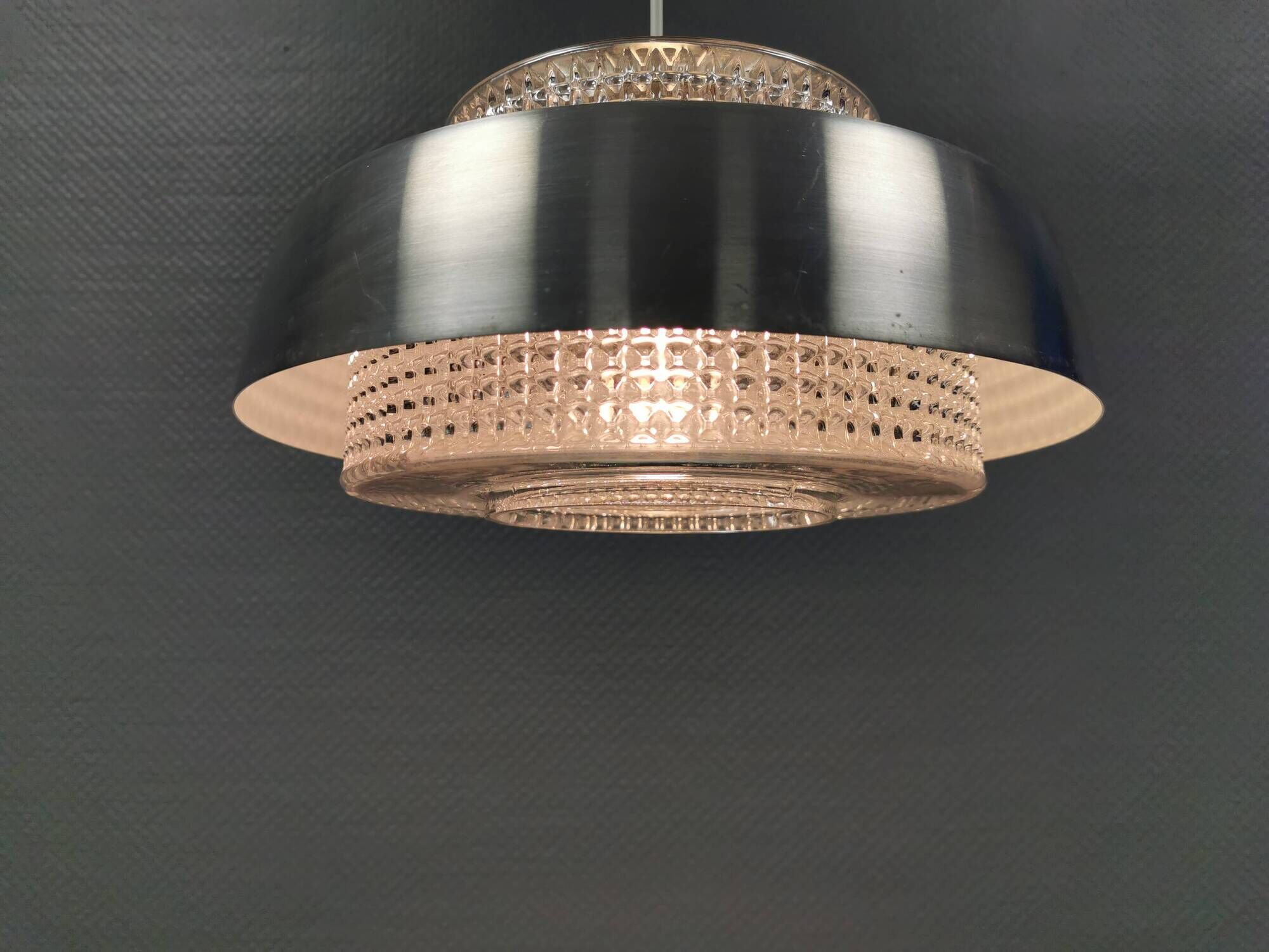 Hanging lamp in aluminium and hard pressed crystal glass. Denmark 1980s