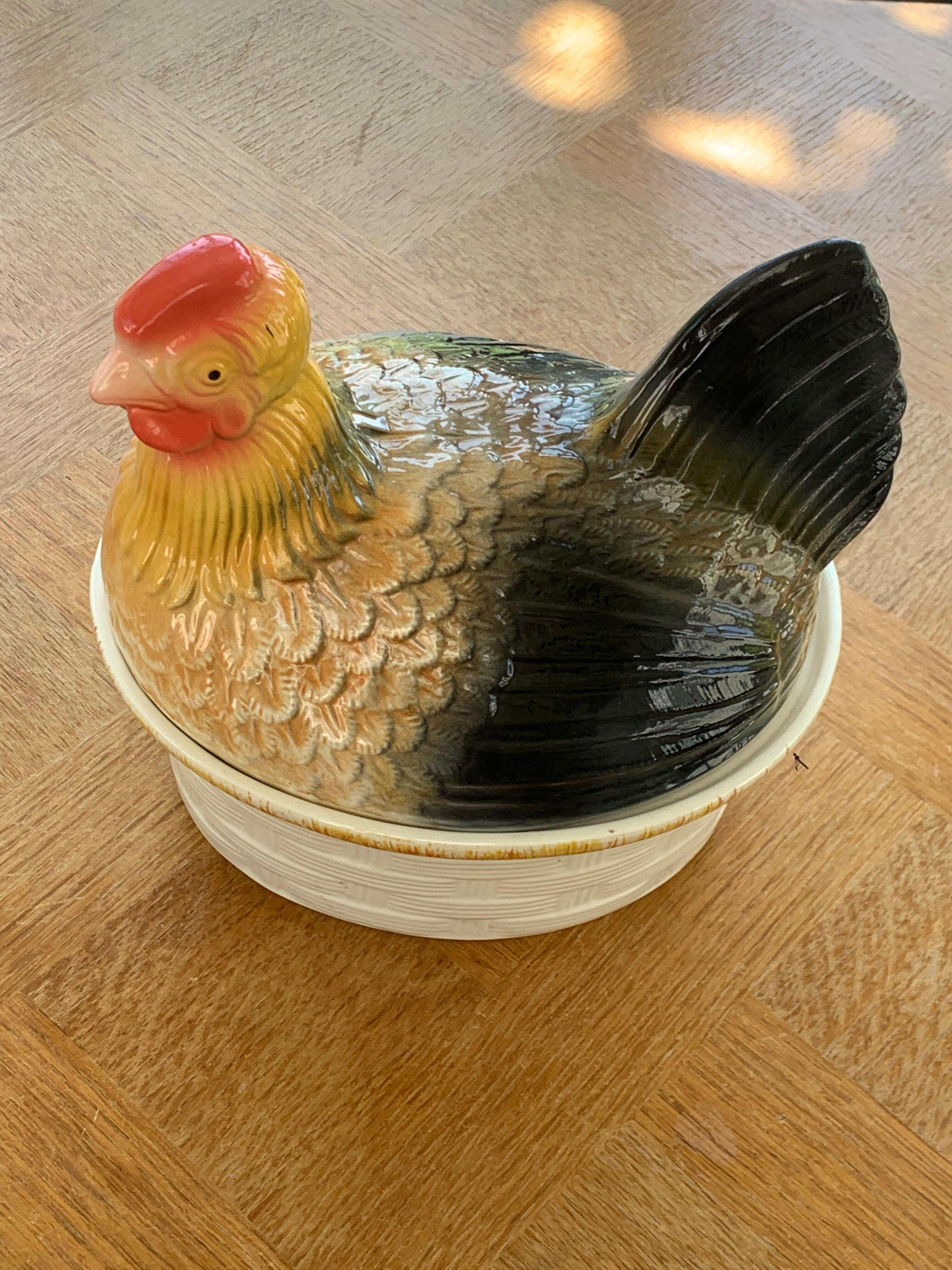Terrine hen in slurry, vintage glazed ceramic