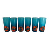 Six blue blown glass and enamel on copper glasses.