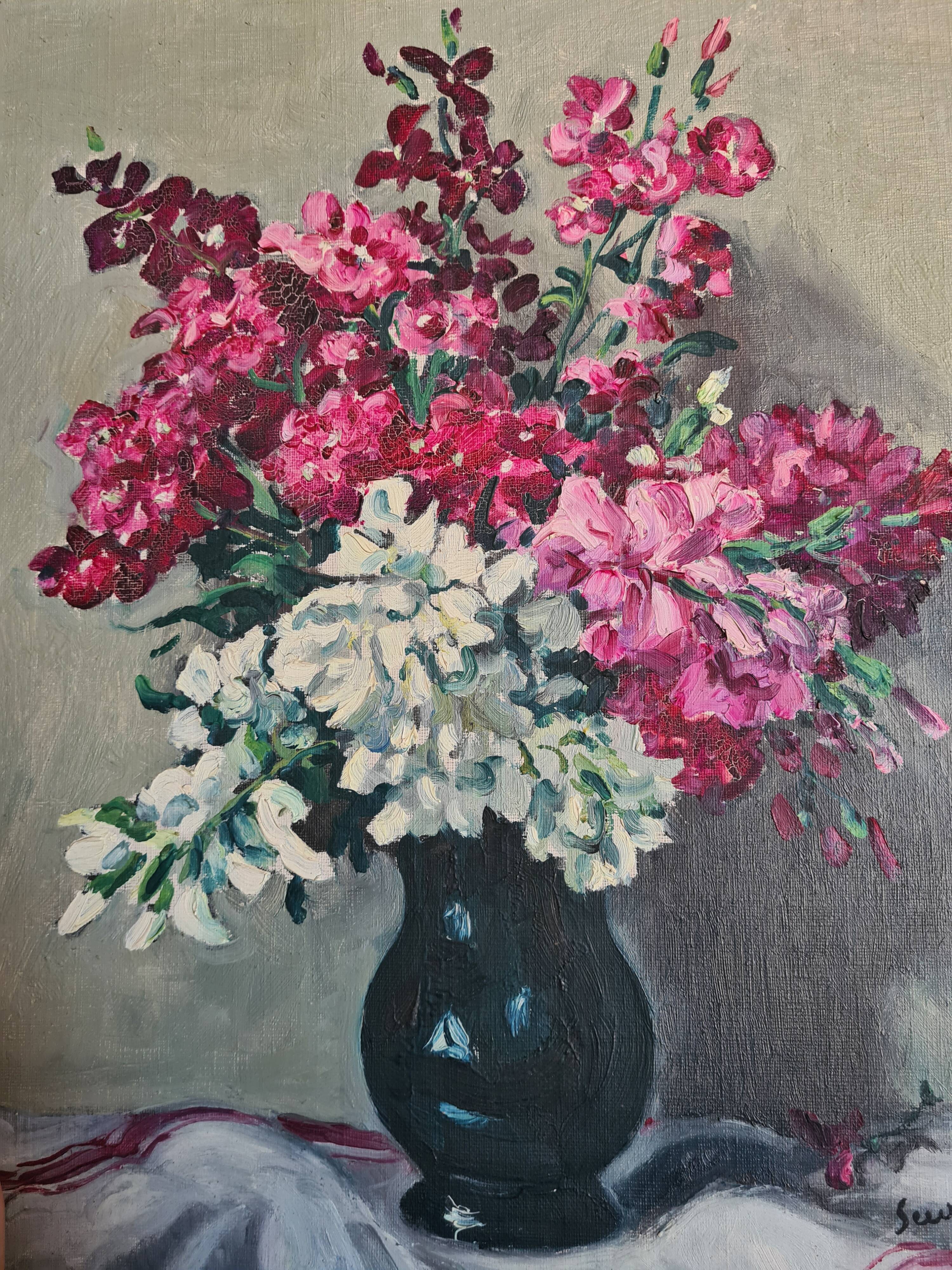 Bouquet in a black vase, oil by Seevagen