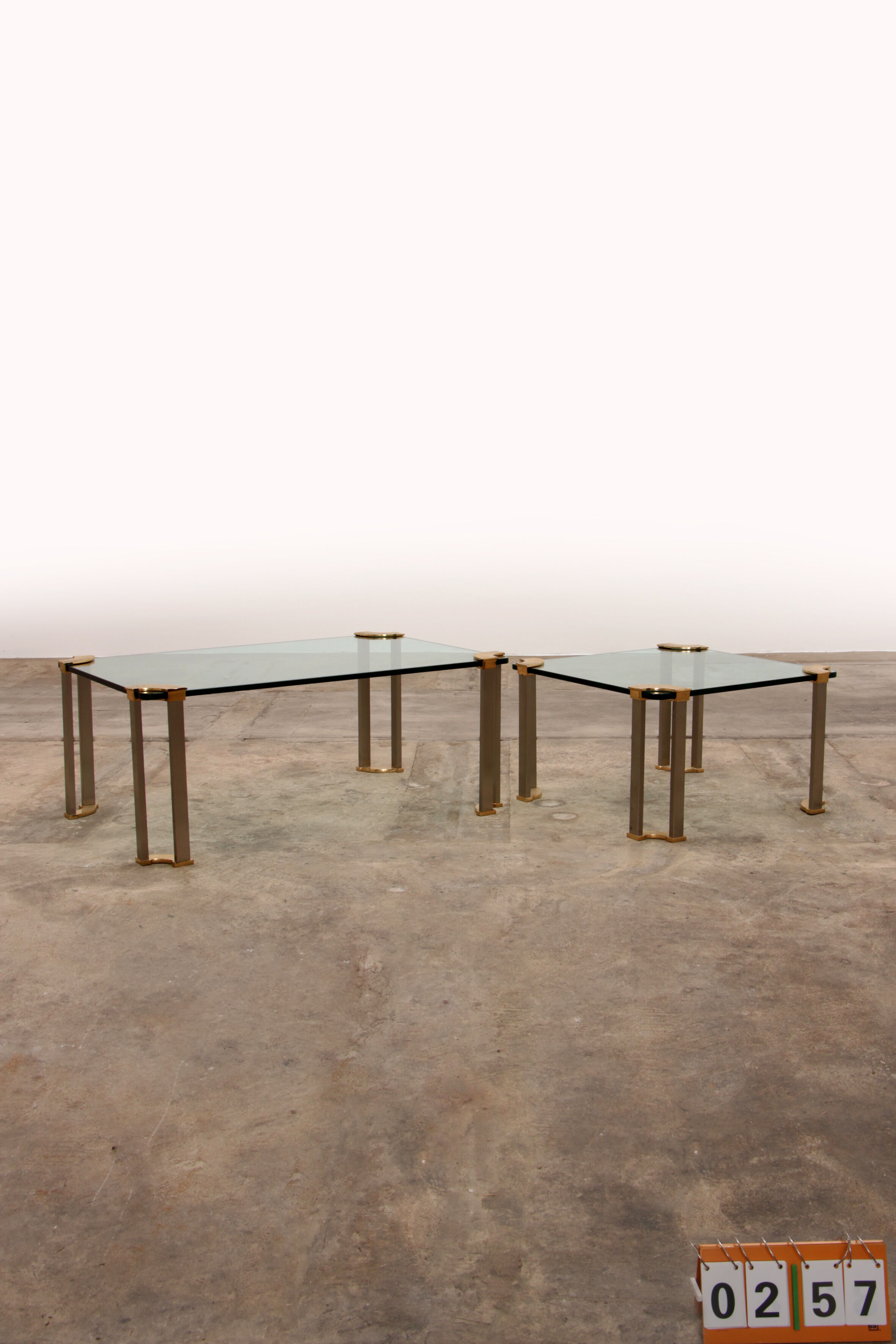 Hollywood regency gold glass coffee table with glass side table 1970