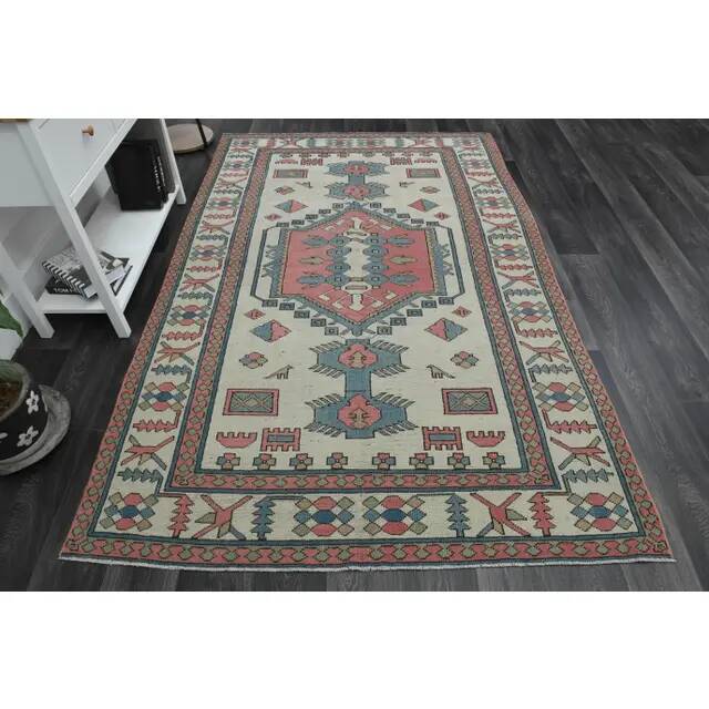 1970s Vintage Turkish Handmade Wool & Cotton Pink Area Rug 172x263