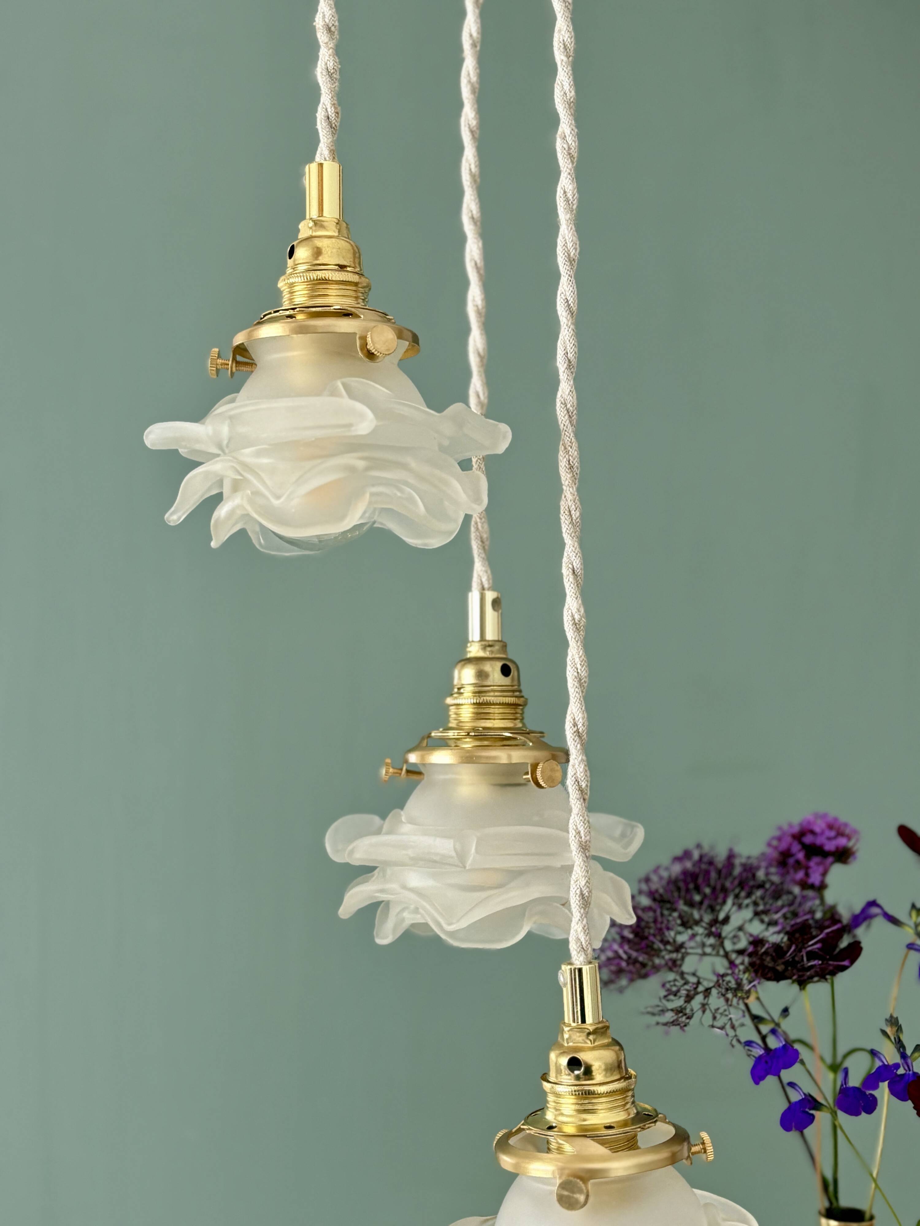 Vintage triple tulip pendant light in frosted glass in the shape of flowers
