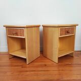 Pair of vintage bedside tables in wood and rattan.
