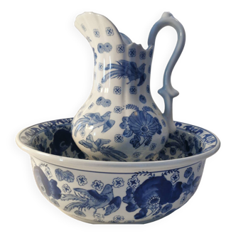 ensemble ancien de toilette en porcelaine asie. broc verseuse et vasque bleu superbe état