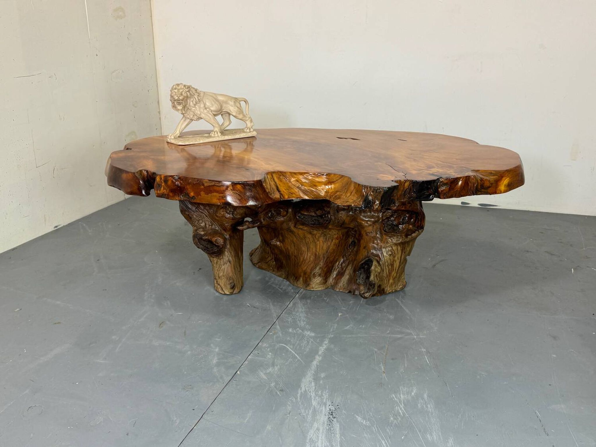 Brutalist Wabi Sabi mid-century coffee table made of natural biological burl wood.