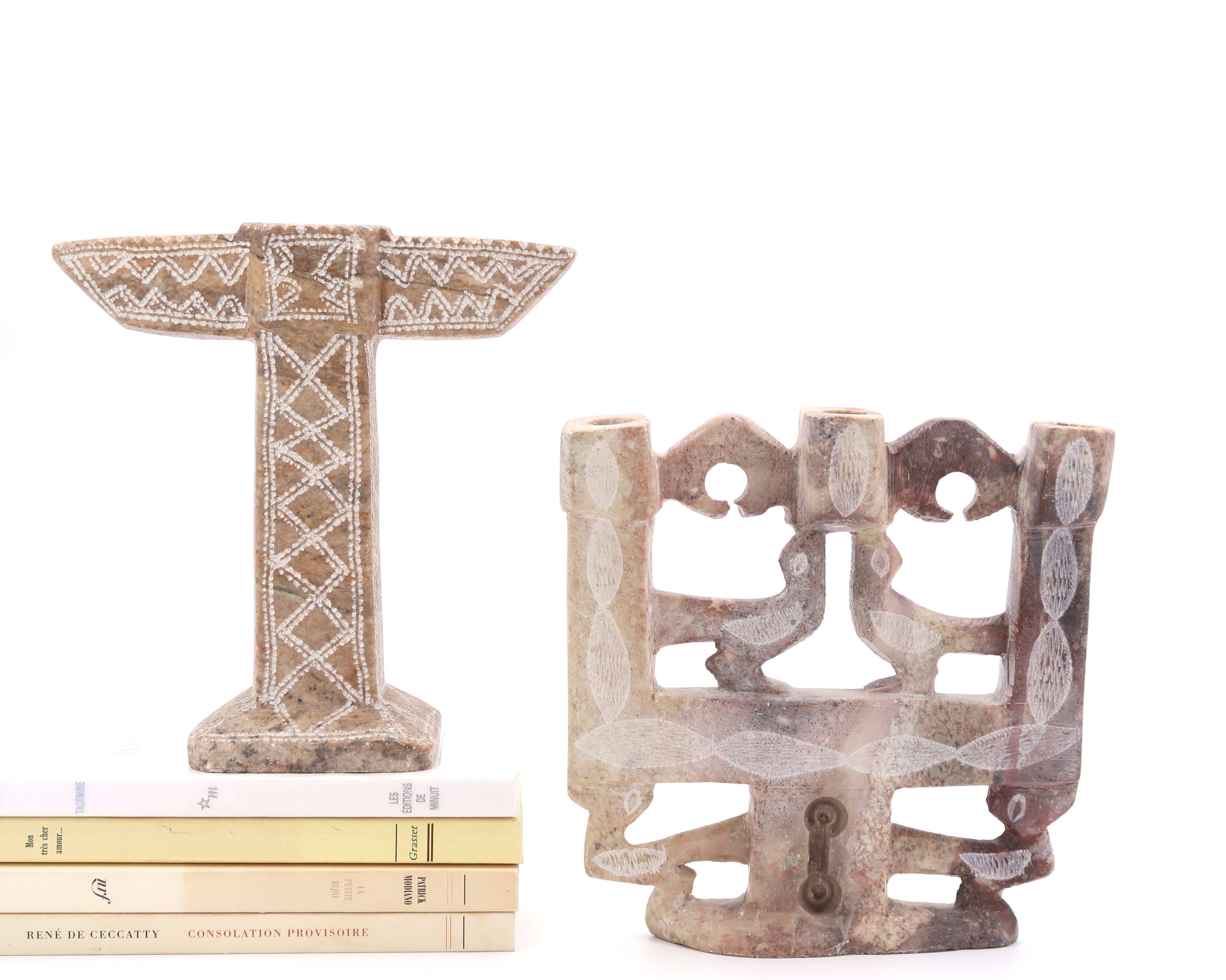 Moroccan candle holder in beige stone, 1970s