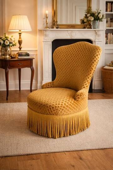 Vintage mustard velvet crab chair with fringes – 1970s