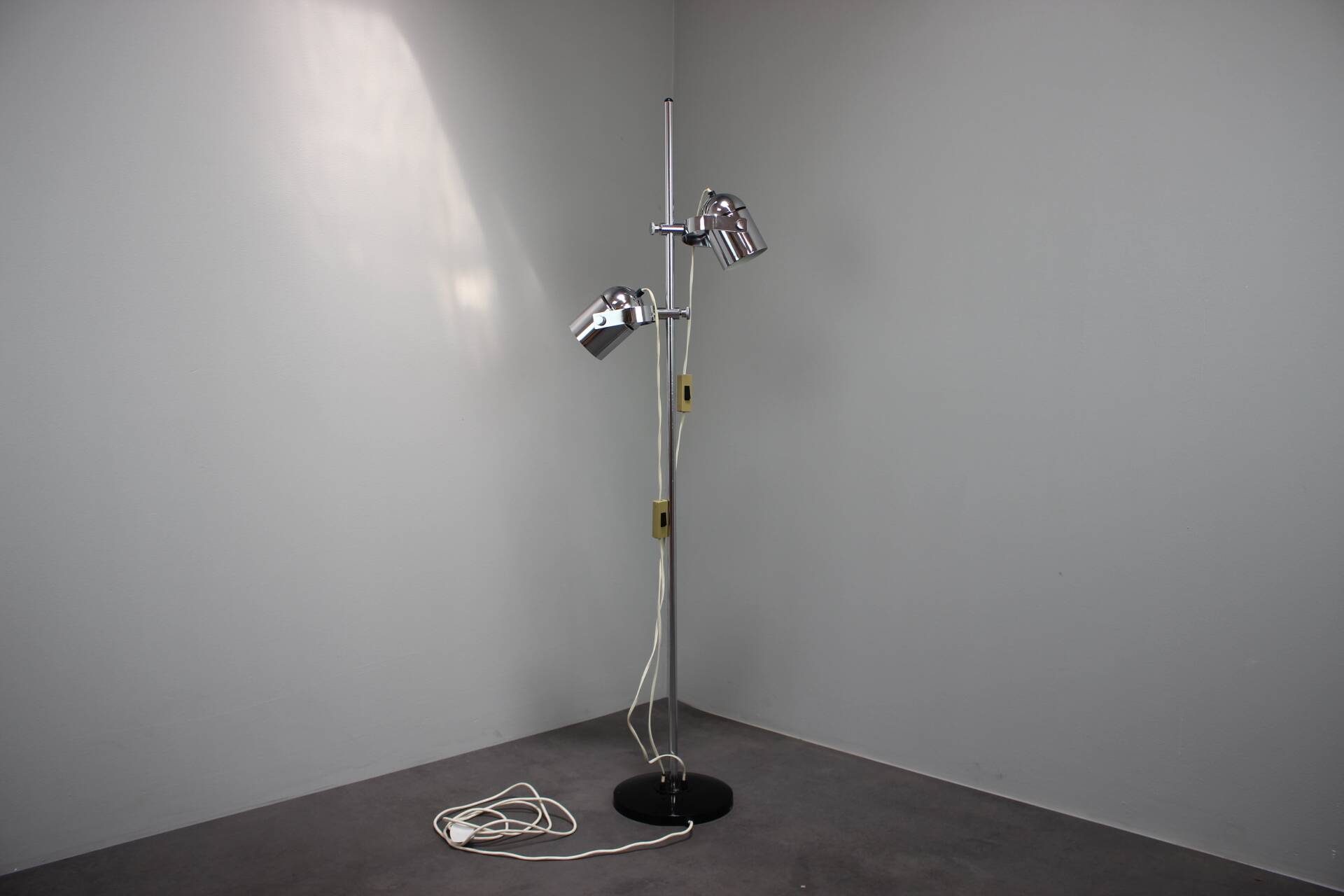 Adjustable double spotlight floor lamp "Stanislav Indra Chrome", Czechoslovakia