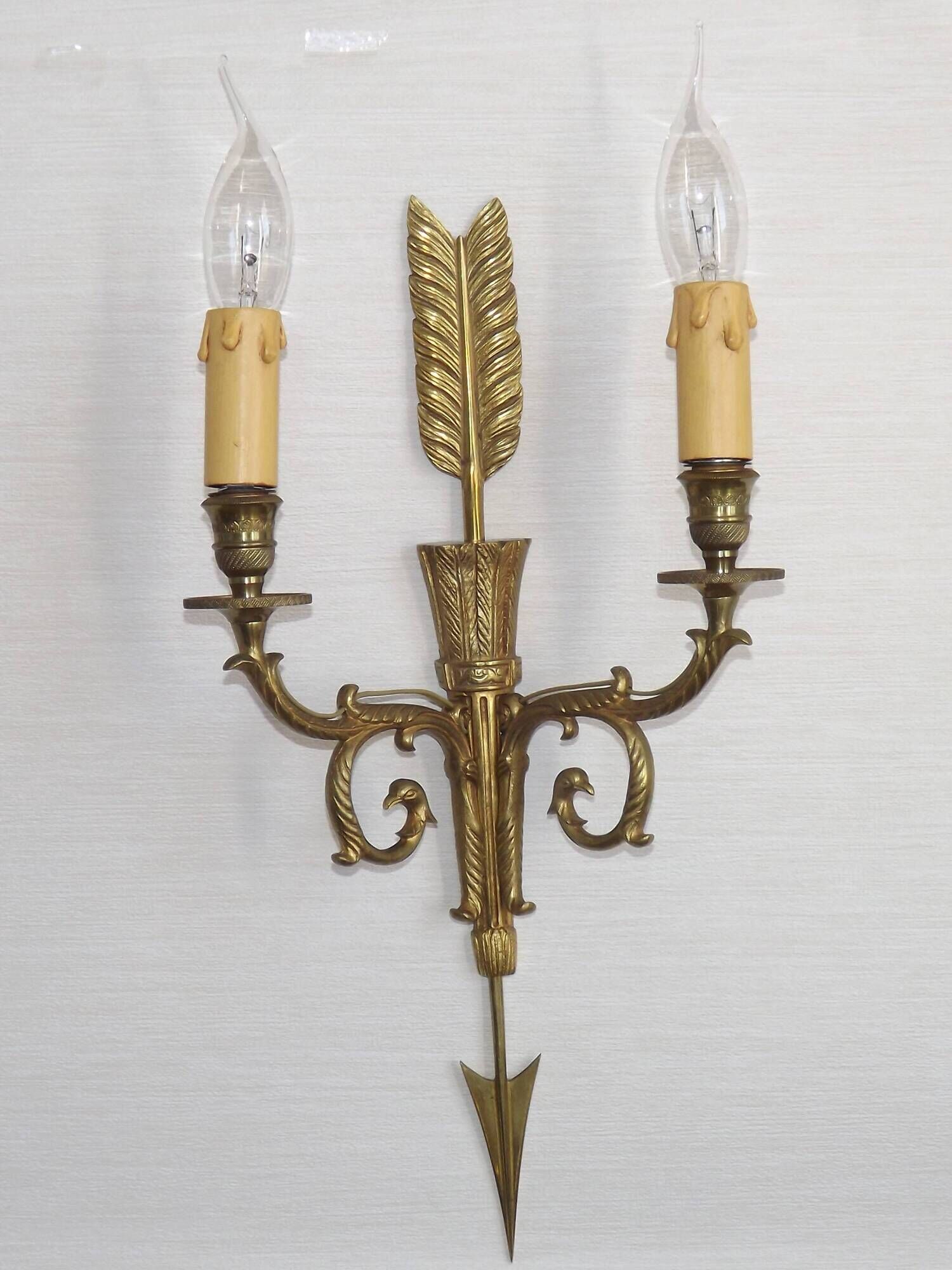 Vintage French Empire Arrow & Quiver Eagle Head Bronze Double Wall Sconces