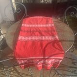 Rectangular tablecloth, Basque household linen in red cotton with black and white embroidery, vintage