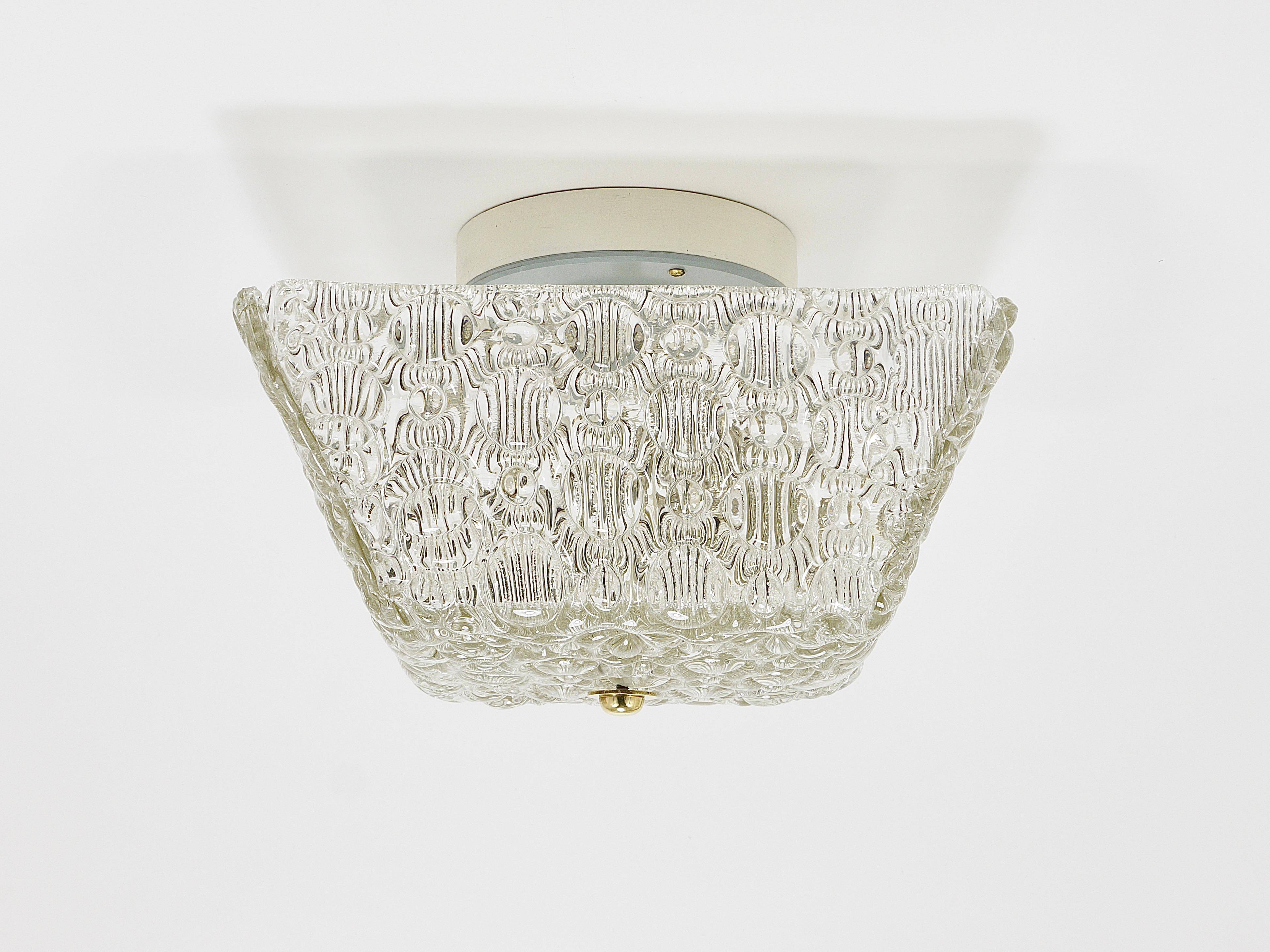 J.T. Kalmar Square Applique Ceiling Light in Brass and Textured Glass, 1950s