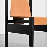 Set of black lacquered wooden chairs with leather, Swiss architect's work, 1980s.