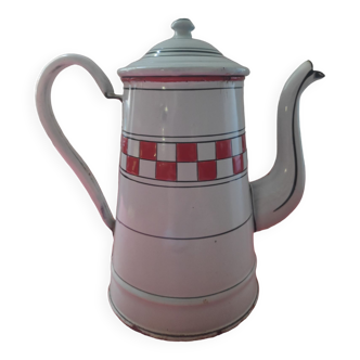 Cafetière tôle émaillée blanche à damier rouge et filets décor Lustucru en relief