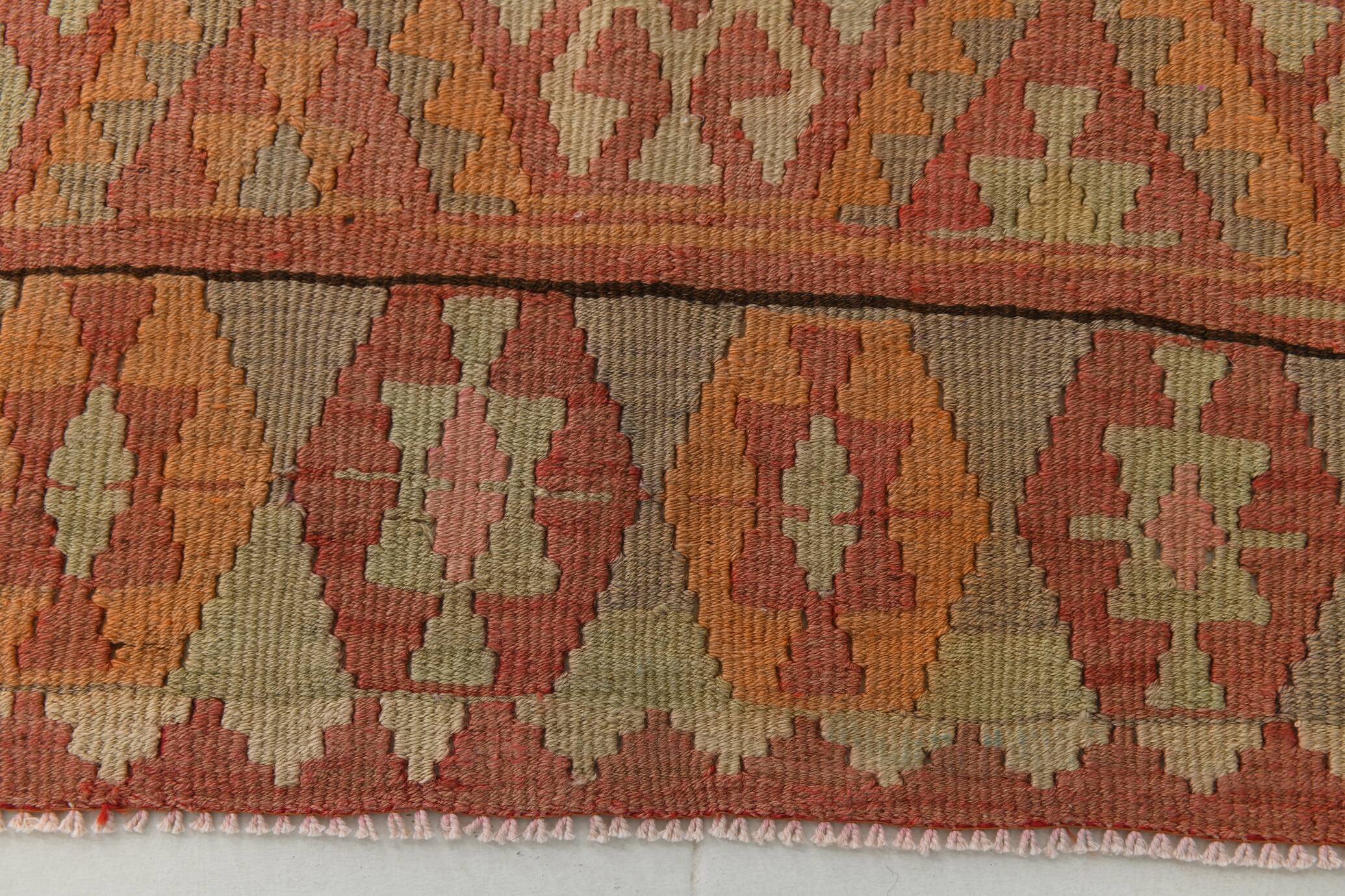 Turkish Vintage Kilim Rug: Shades Of Red Brown Handmade Wool Rug 160x417Cm