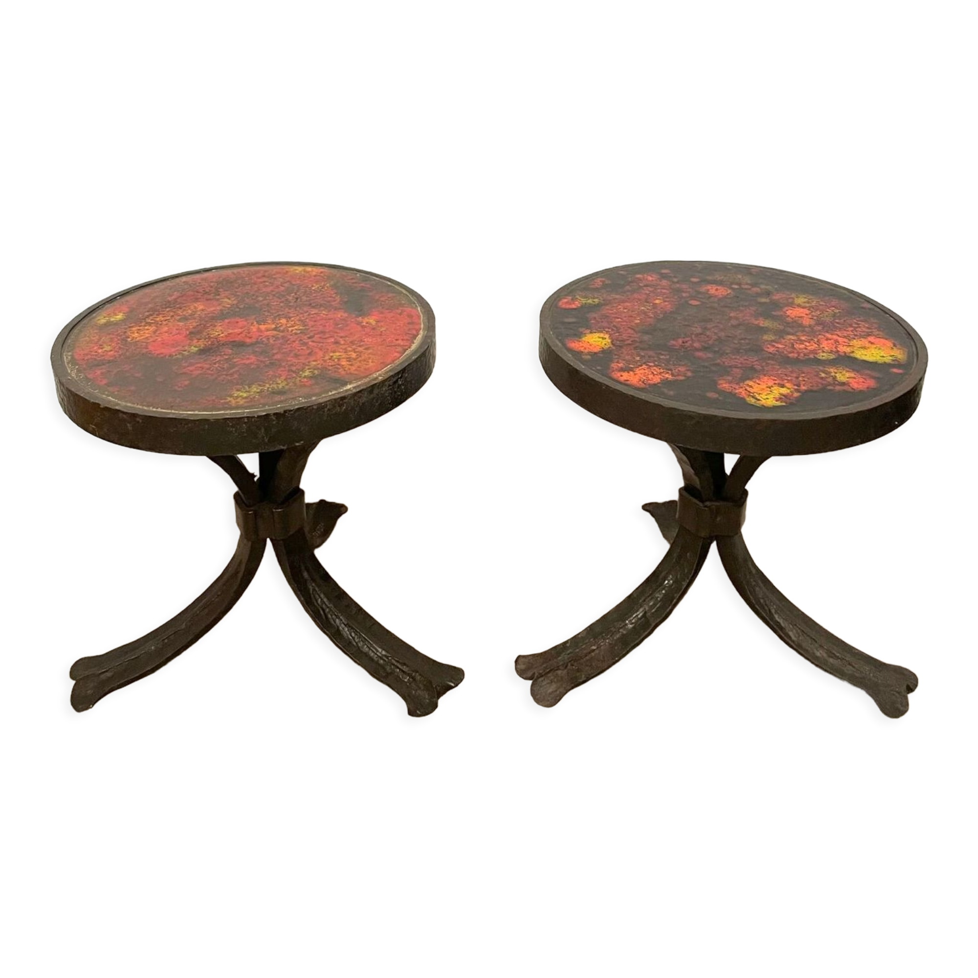 Pair of brutalist side tables, steel and ceramic, 1970