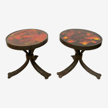 Pair of brutalist side tables, steel and ceramic, 1970