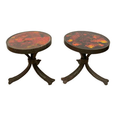 Paire de tables d’appoint brutalistes, acier et céramique, 1970