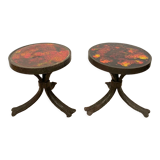 Pair of brutalist side tables, steel and ceramic, 1970