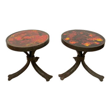 Pair of brutalist side tables, steel and ceramic, 1970