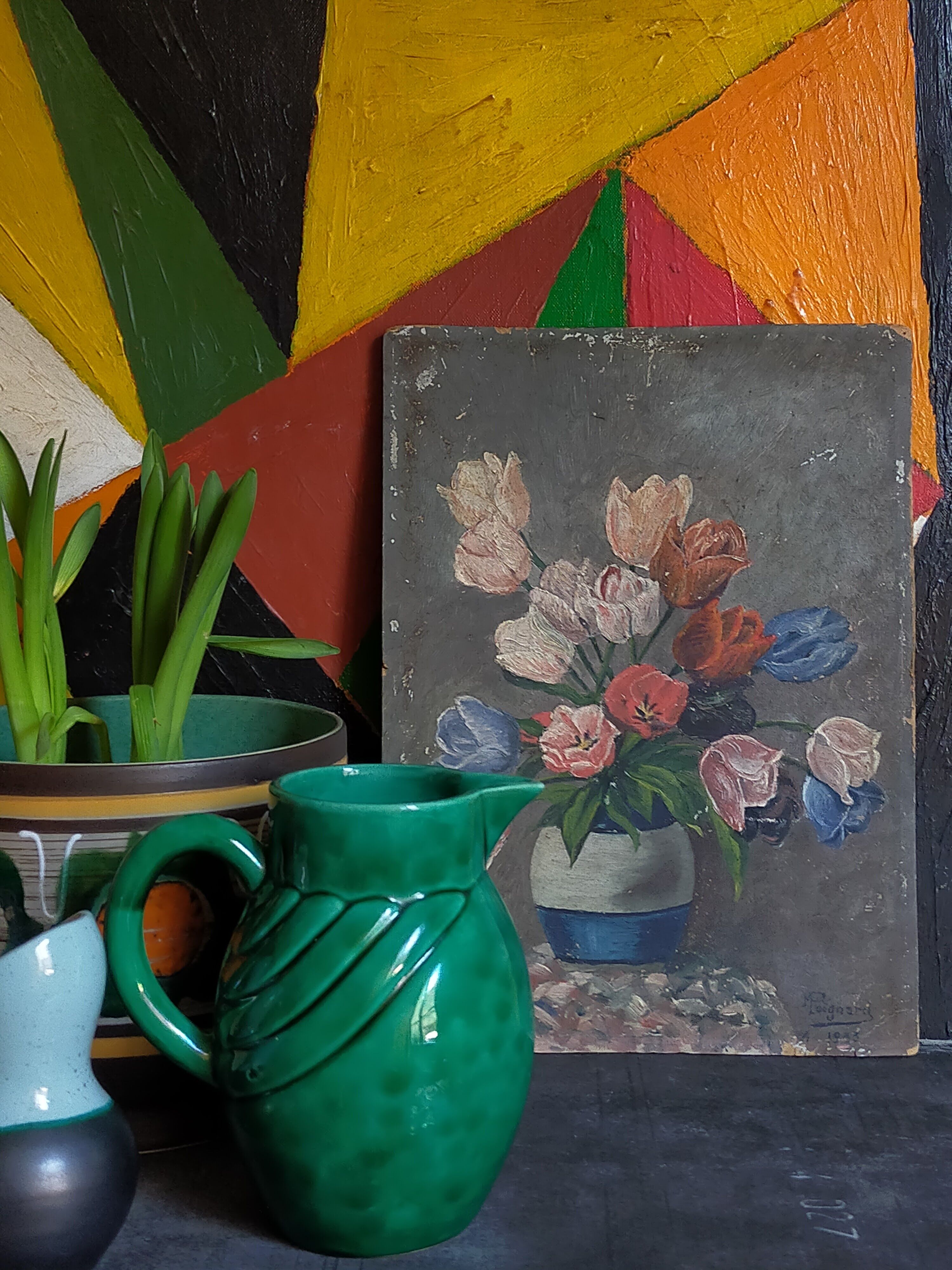 Table oil on cardboard the tulips hatched 30s