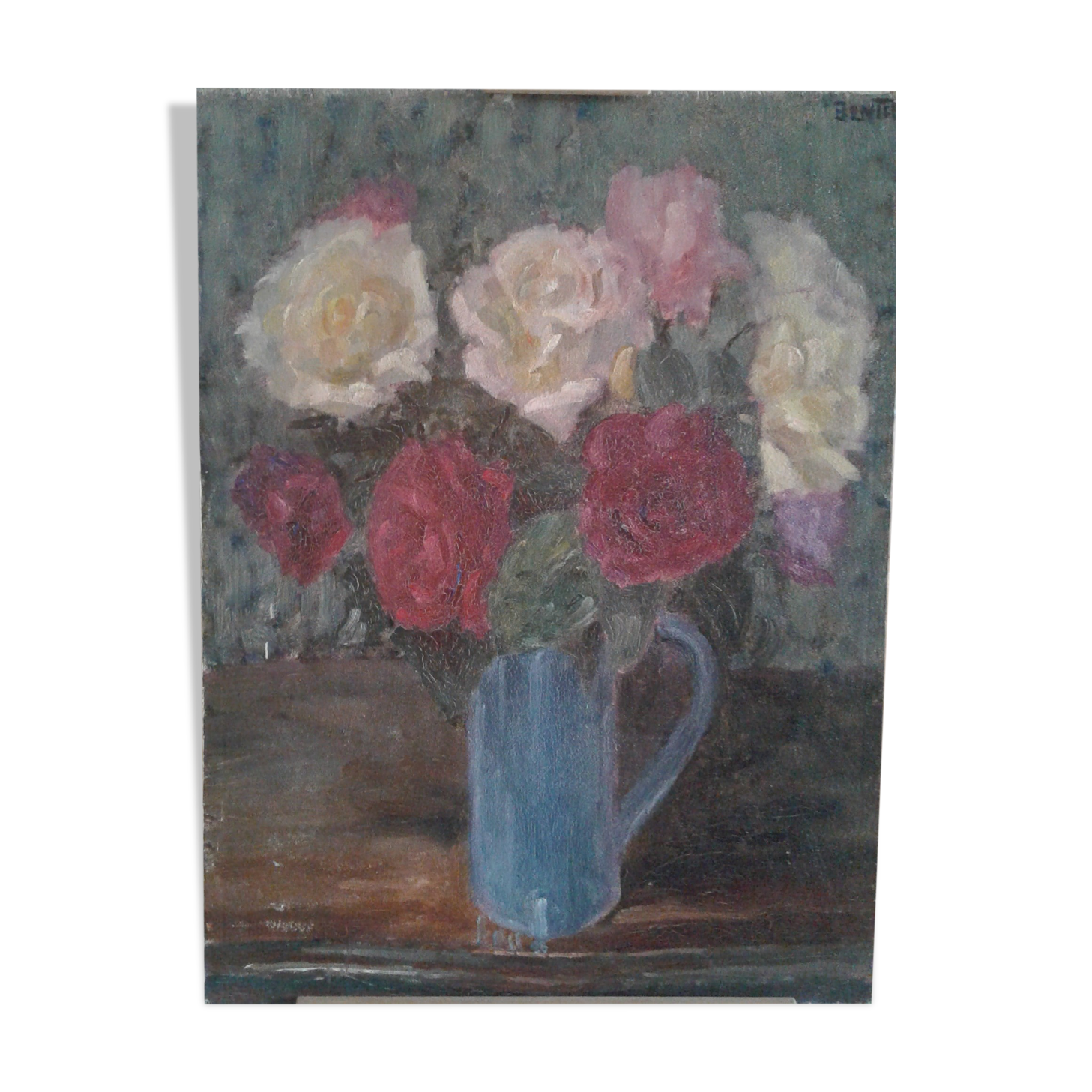 old painting, still life with bouquet of multiple-colored flowers. circa 50