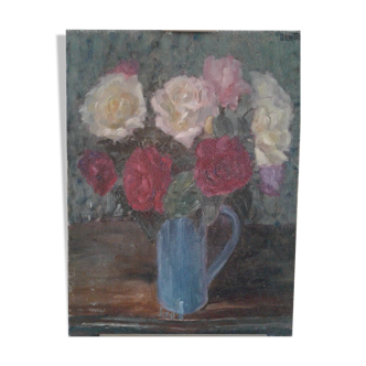 old painting, still life with bouquet of multiple-colored flowers. circa 50