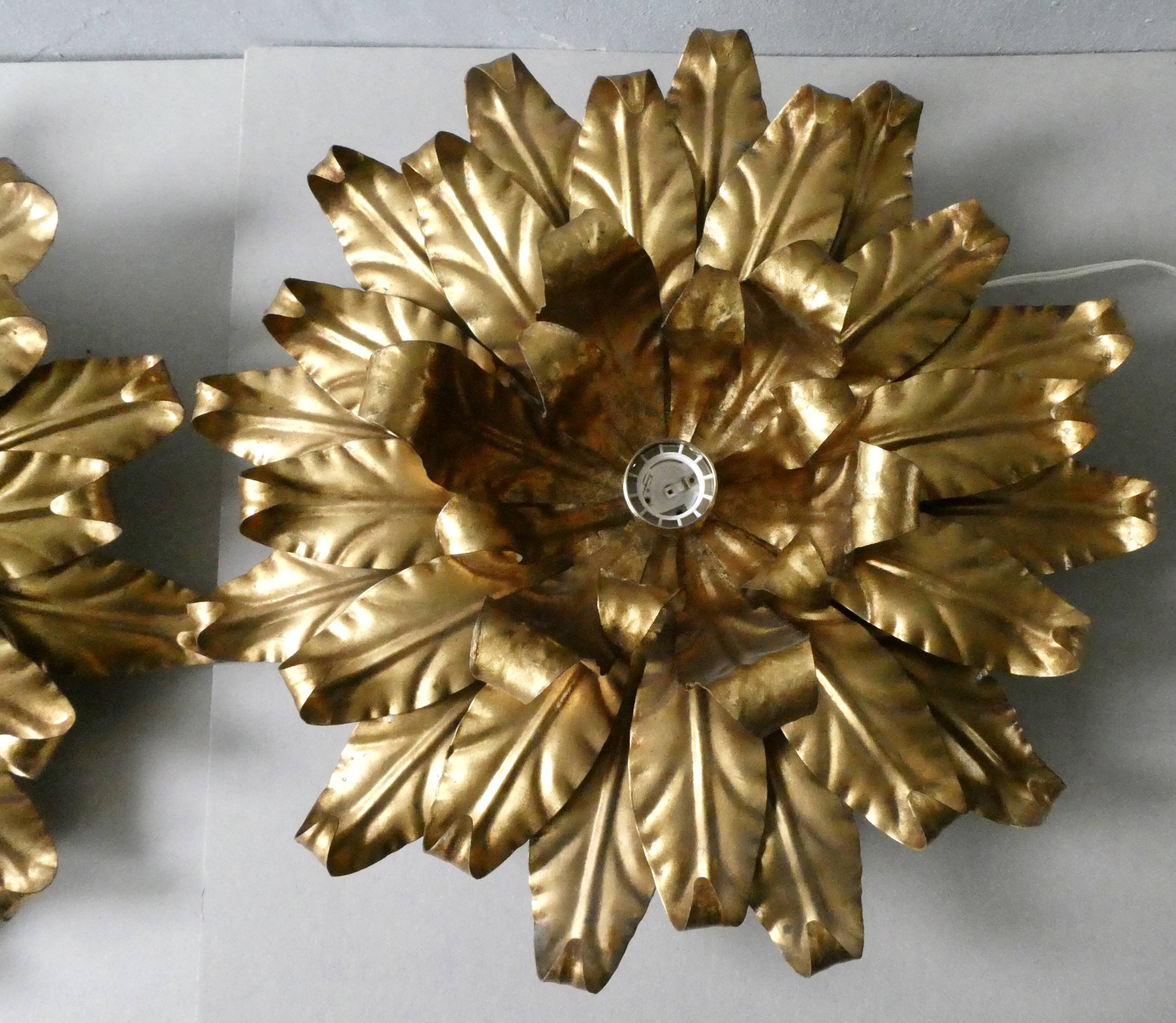 Pair of large flower wall lights in gilded metal, Italy, 1960s