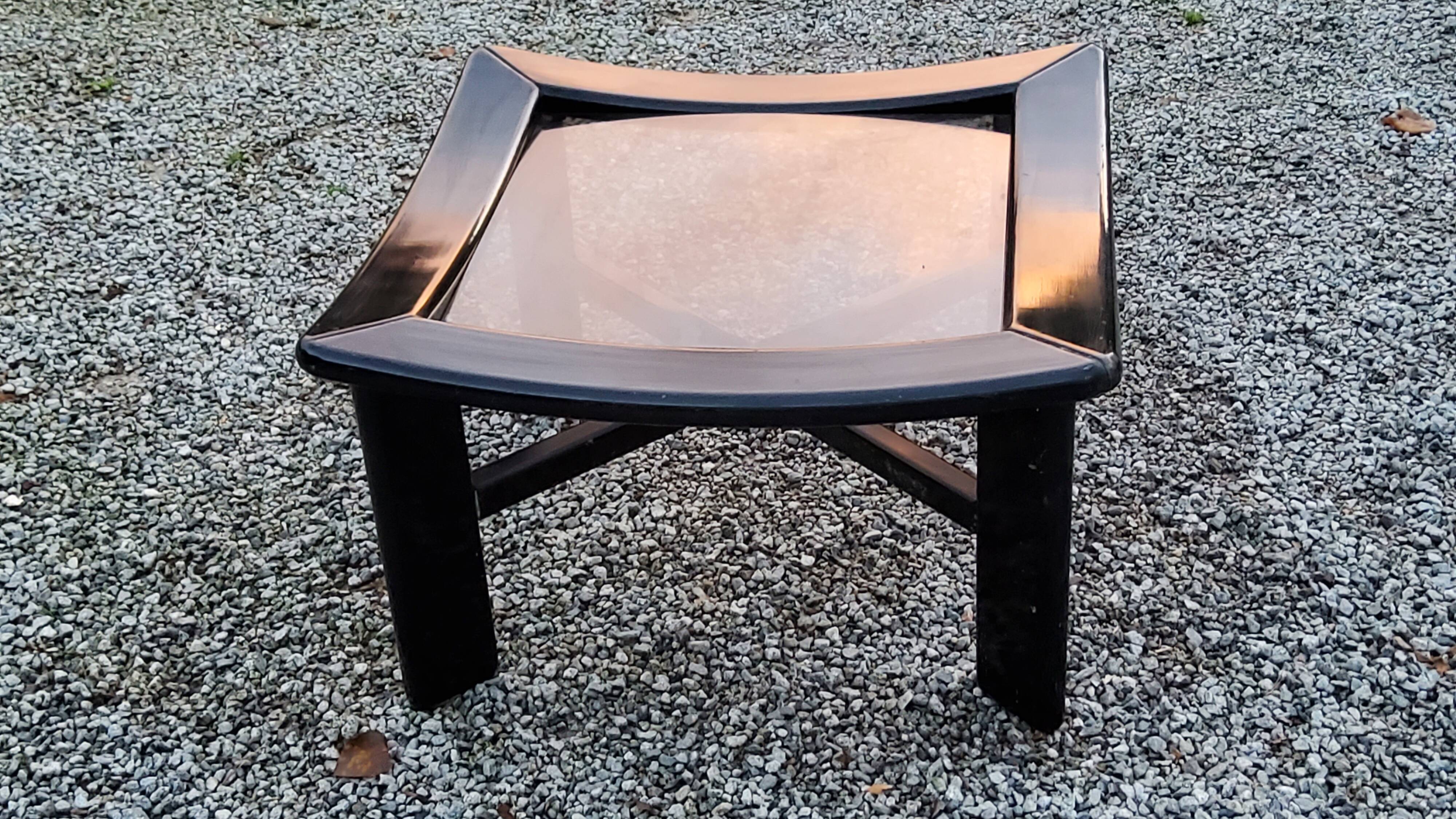 70s design coffee table in black lacquered wood with smoked glass top