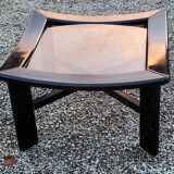 70s design coffee table in black lacquered wood with smoked glass top