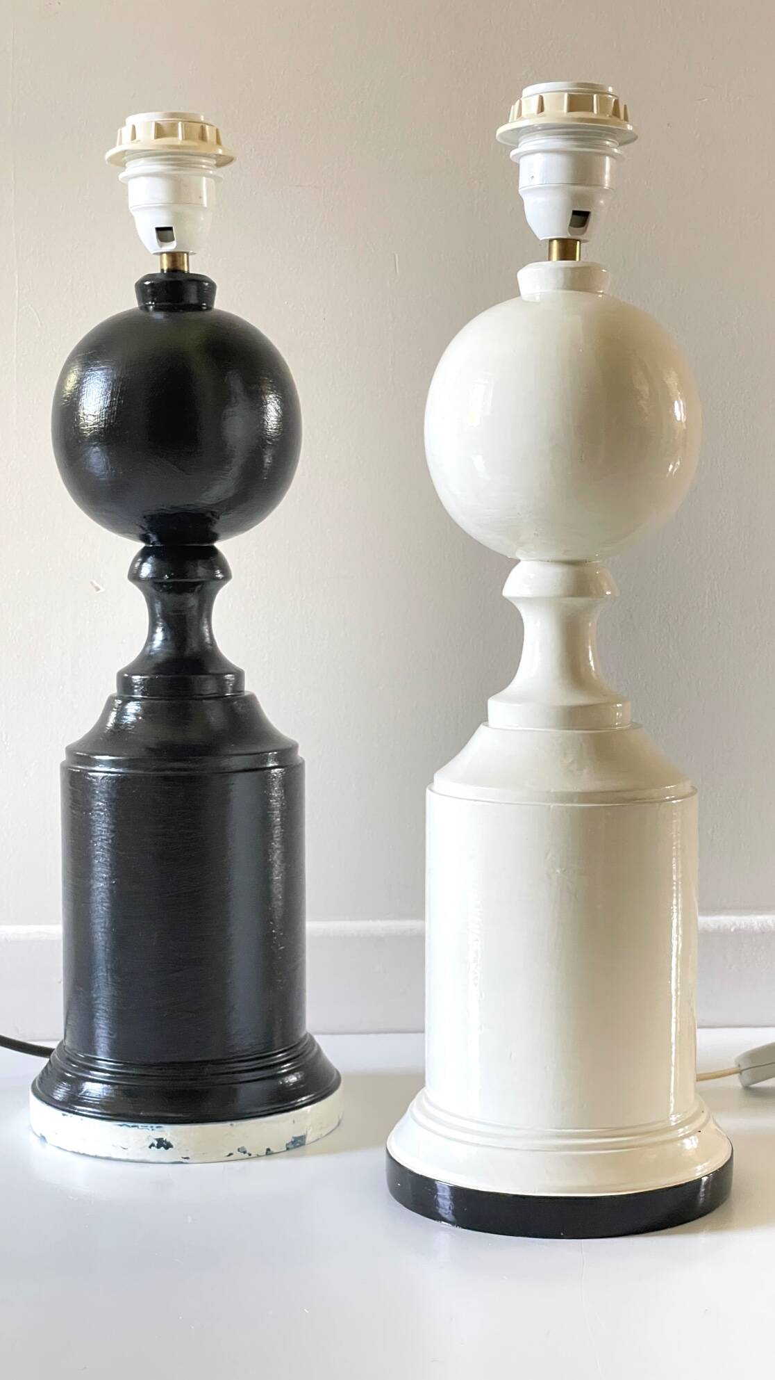 2 Vintage Black and White Turned Wood Lamp Bases