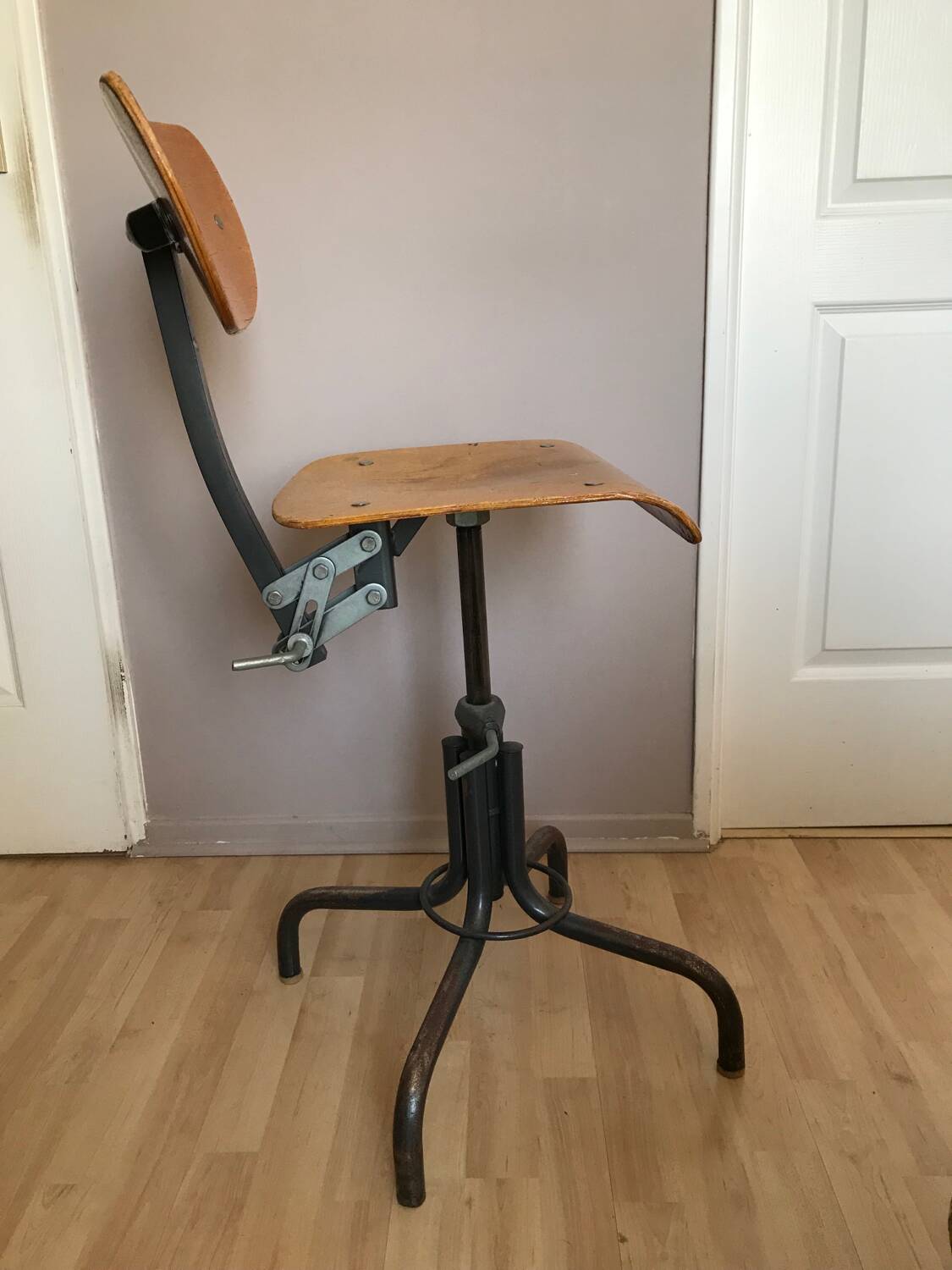 Vintage industrial workshop chair/stool in wood and metal