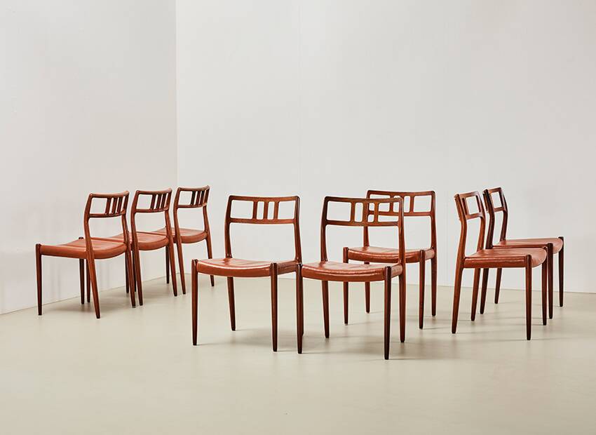 Niels Otto Moller Set of 8 Model 79 Dining Chairs in Rosewood and Leather for JL Mollers 1966