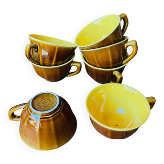 Lot of old brown and yellow coffee cups Sarreguemines France