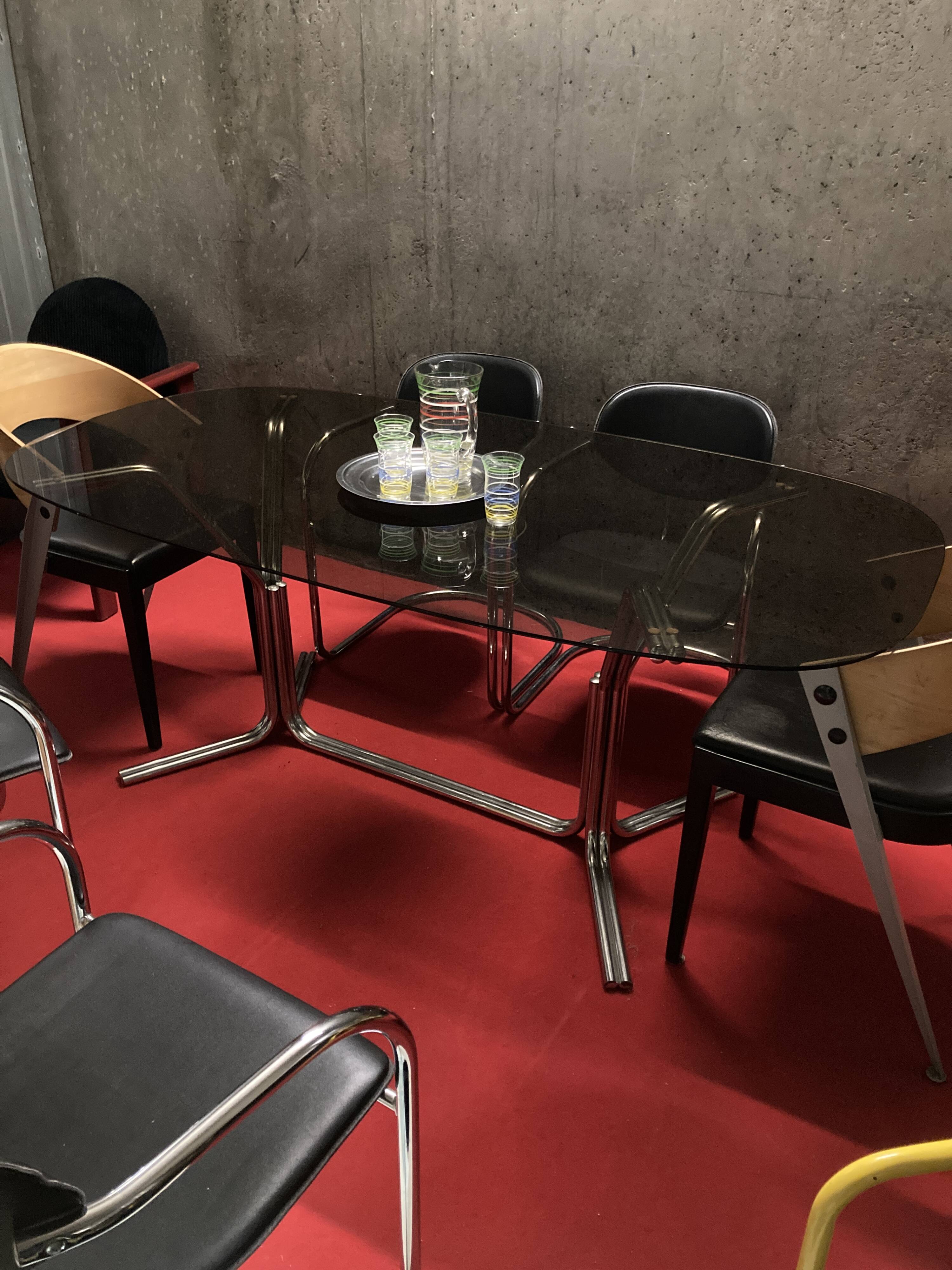 Large chrome and smoked glass dining table DLG Gaston Rinaldi