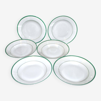 Set of 6 Lc&Cie Limoges porcelain soup plates - green and gold edging