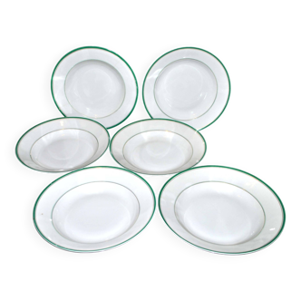 Set of 6 Lc&Cie Limoges porcelain soup plates - green and gold edging