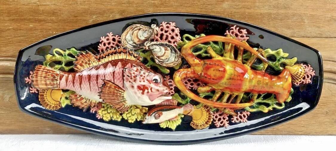 Large Vallauris slip dish 57x25 cm lobster fish