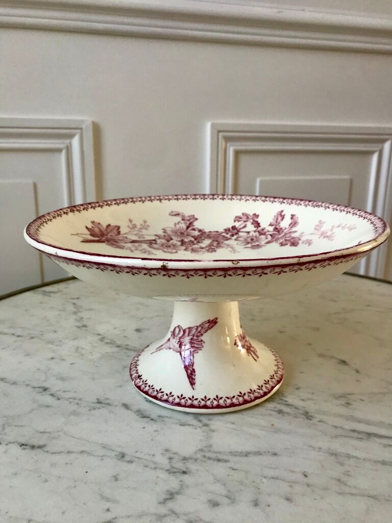 Compotier high in Terre de Fer Longwy model "Mésange" pink 1880 - XIXth