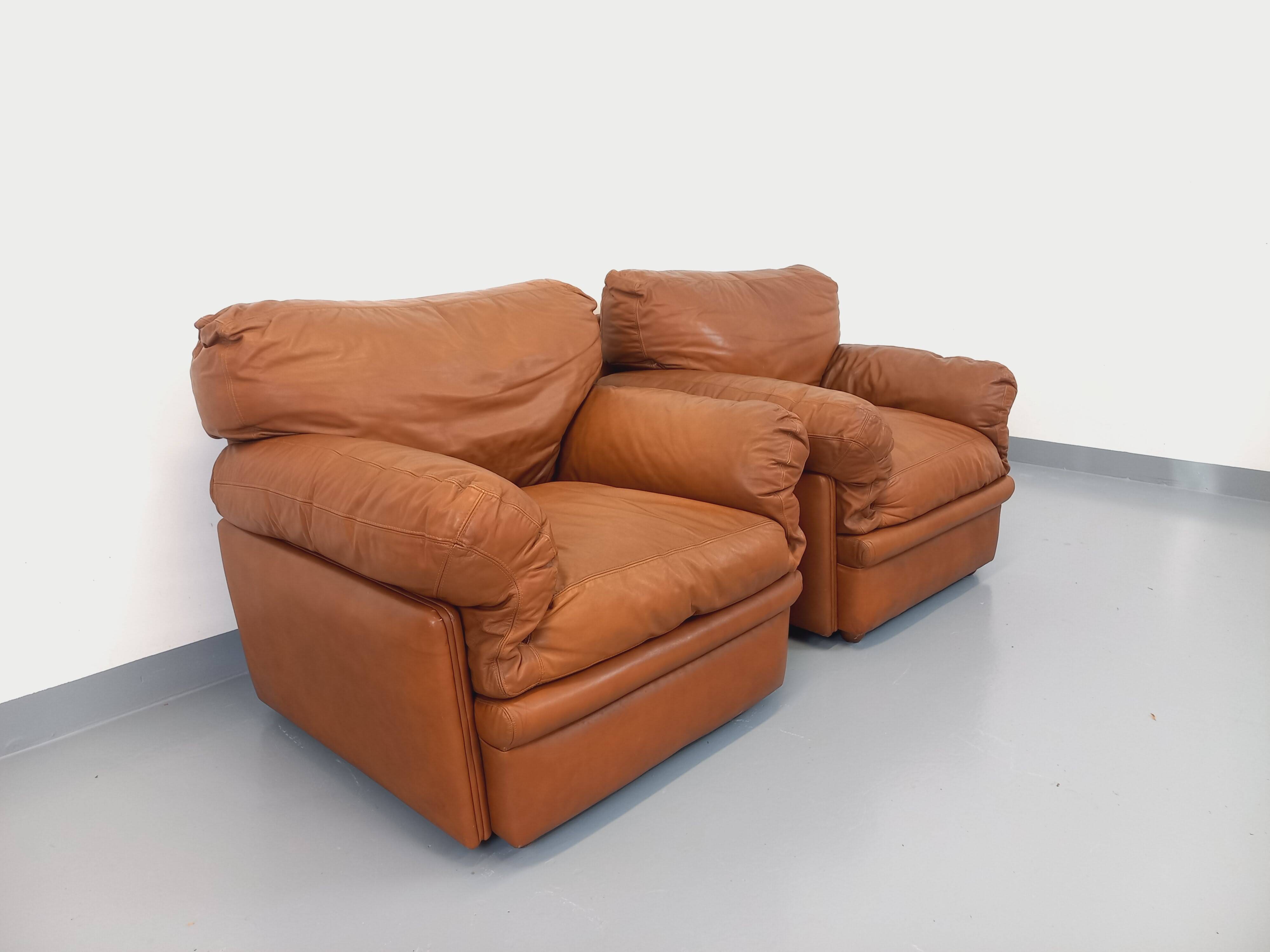 Pair of vintage Coquelicot lounge chairs by Tito Agnoli for Poltrona Frau in leather from the 70s