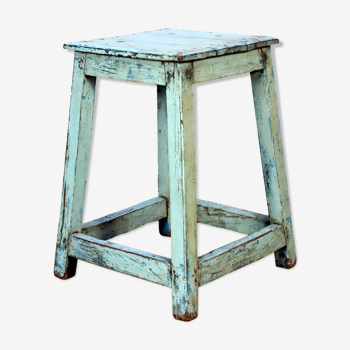 Tabouret en teck birman avec patine turquoise d'origine