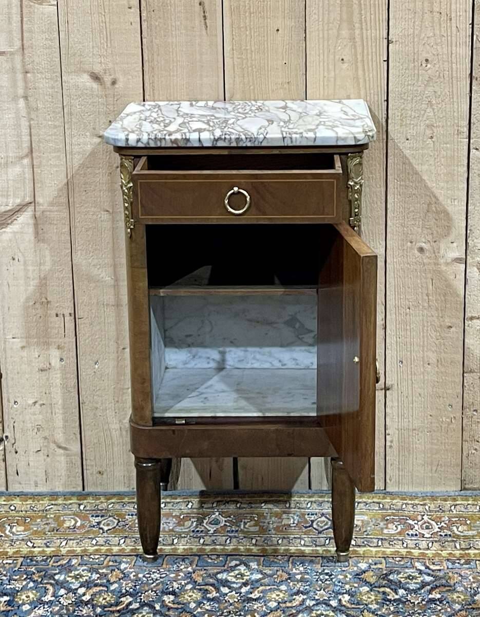 Bedside table in marquetry and white marble top, early 20th century