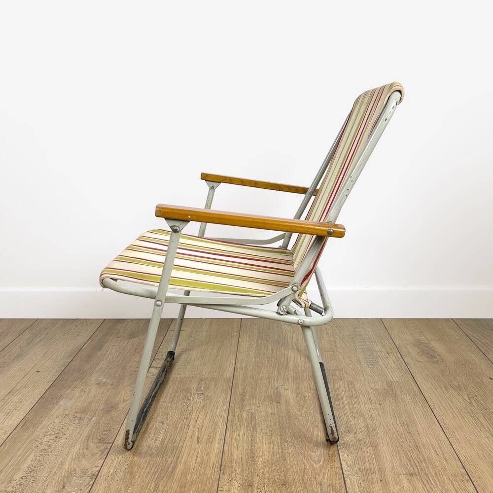 Vintage children's folding armchair in metal and striped canvas