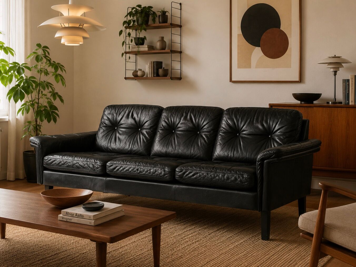Vintage Danish mid-century 3 person black leather sofa 1970s