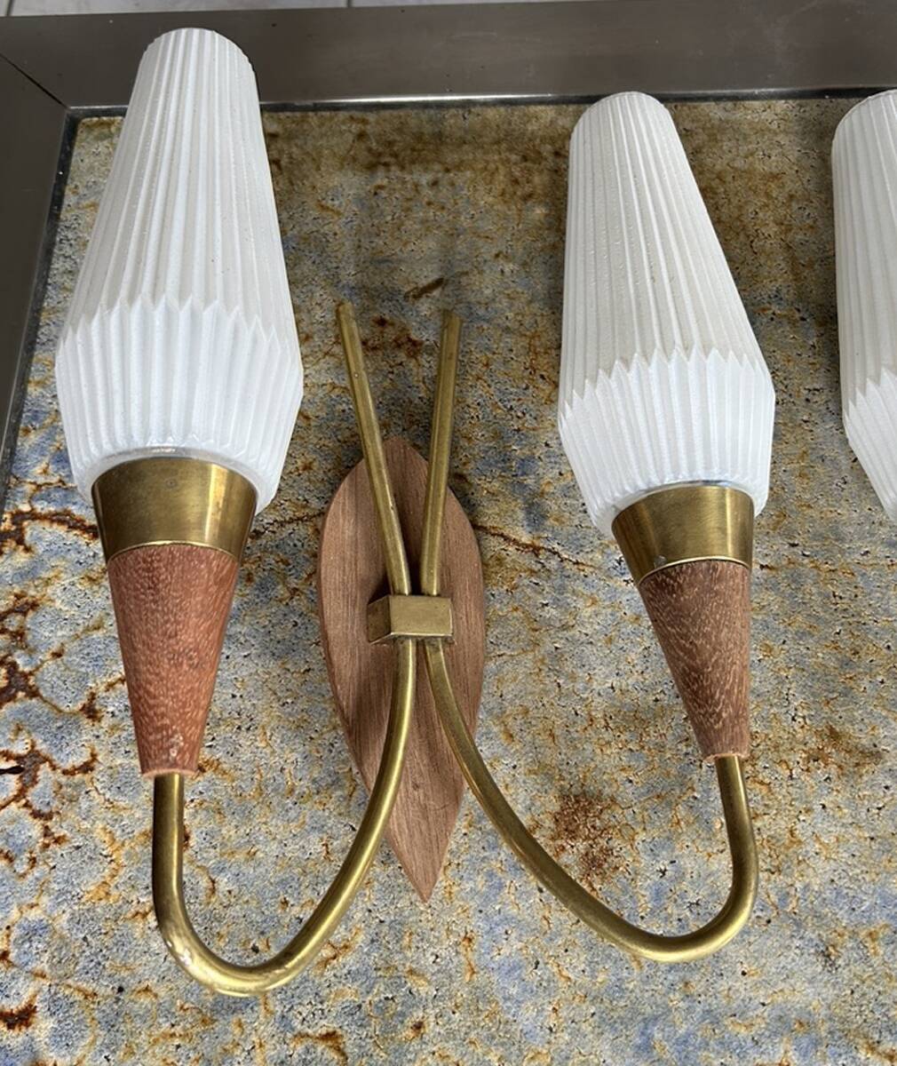 Pair of double wood, brass and opaline wall lights, Scandinavian spirit, vintage, 60s