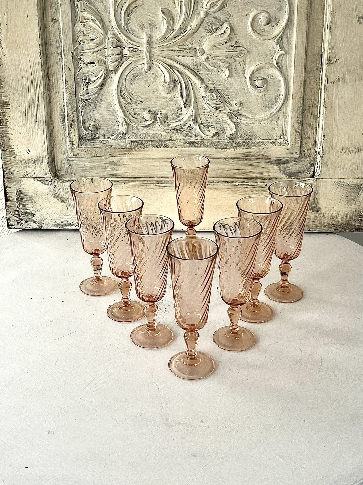 Champagne flutes pink set of 8, French swirl glass stemware rosaline