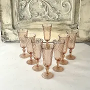 Champagne flutes pink set of 8, French swirl glass stemware rosaline