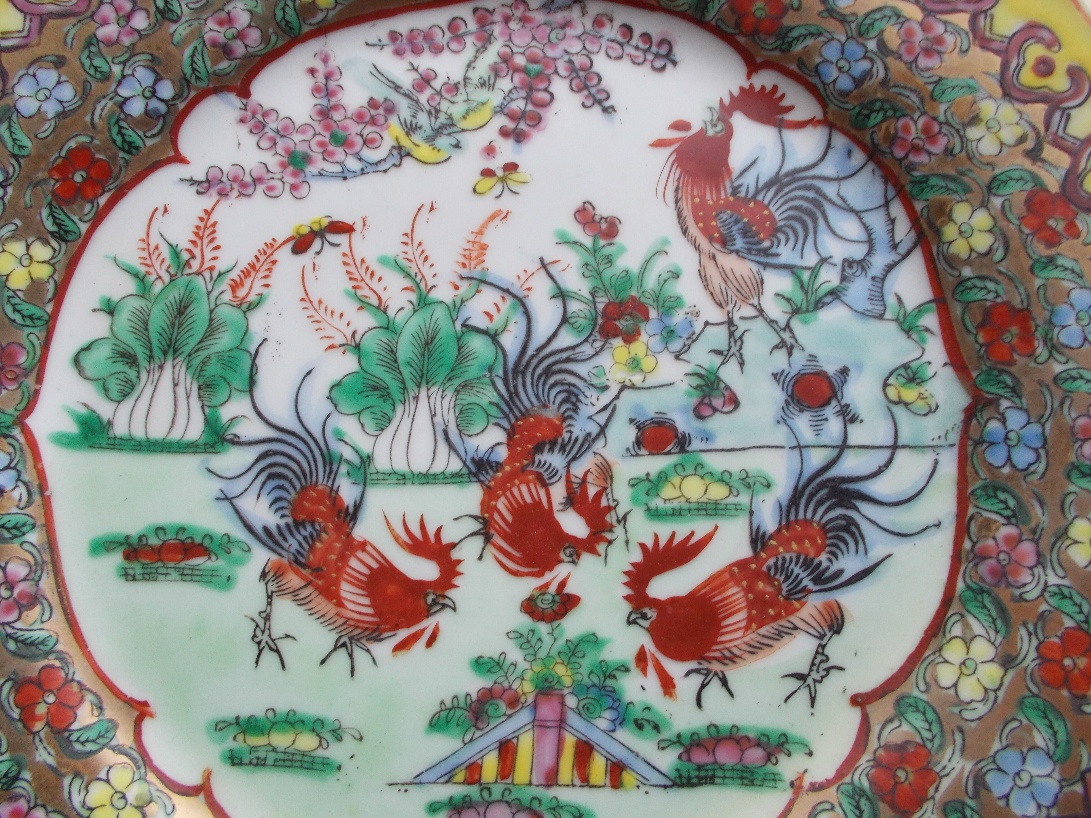 Canton China porcelain plate with roosters decor
