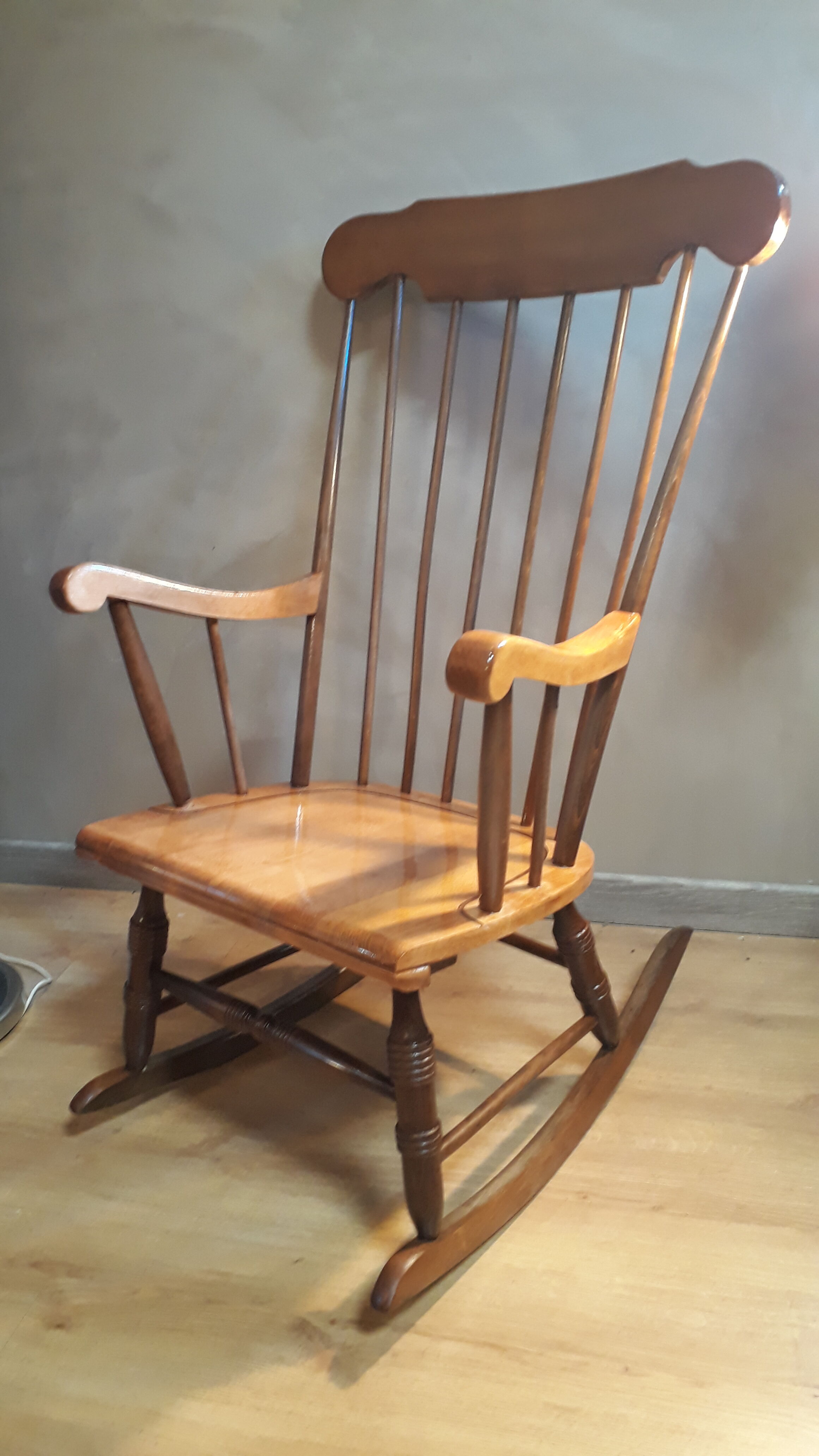 Brown and natural wood rocking chair 1970