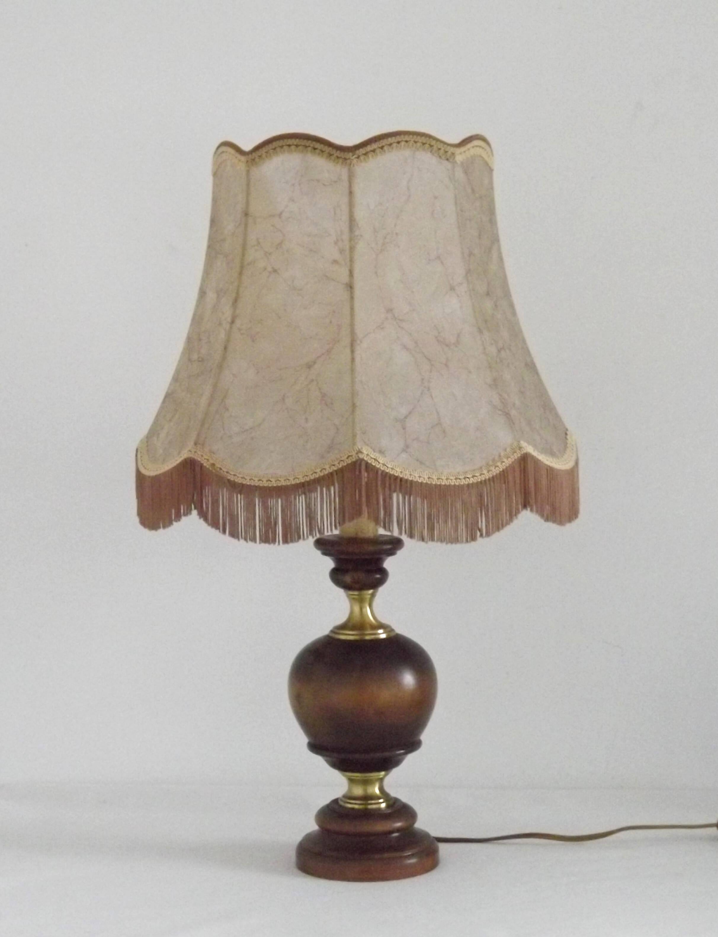 Vintage French Country Style Lamp Turned Wood Base & Hide Skin Shade